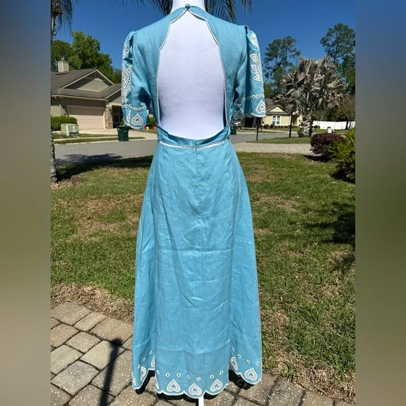 NWT🌷Farm Rio Floral Embroidery Linen Short Sleeve Open Back Midi Dress - Picture 9 of 12